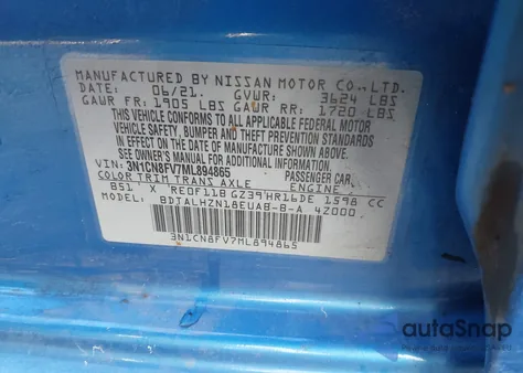2021 Nissan Versa Sr Xtronic Cvt from USA, damaged, VIN 3N1CN8FV7ML894865